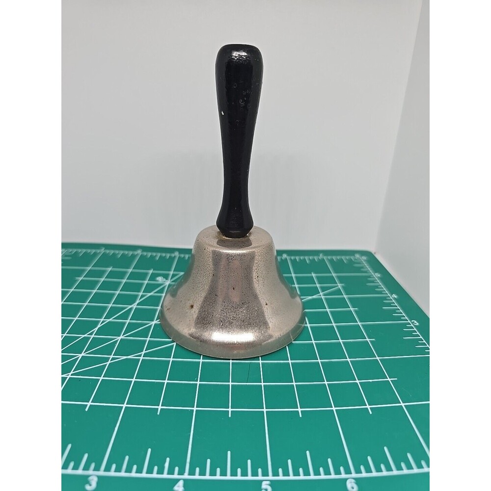 Vintage 1970’s Small Silver Tone & Black Wooden Handle Schoolhouse Bell 092438